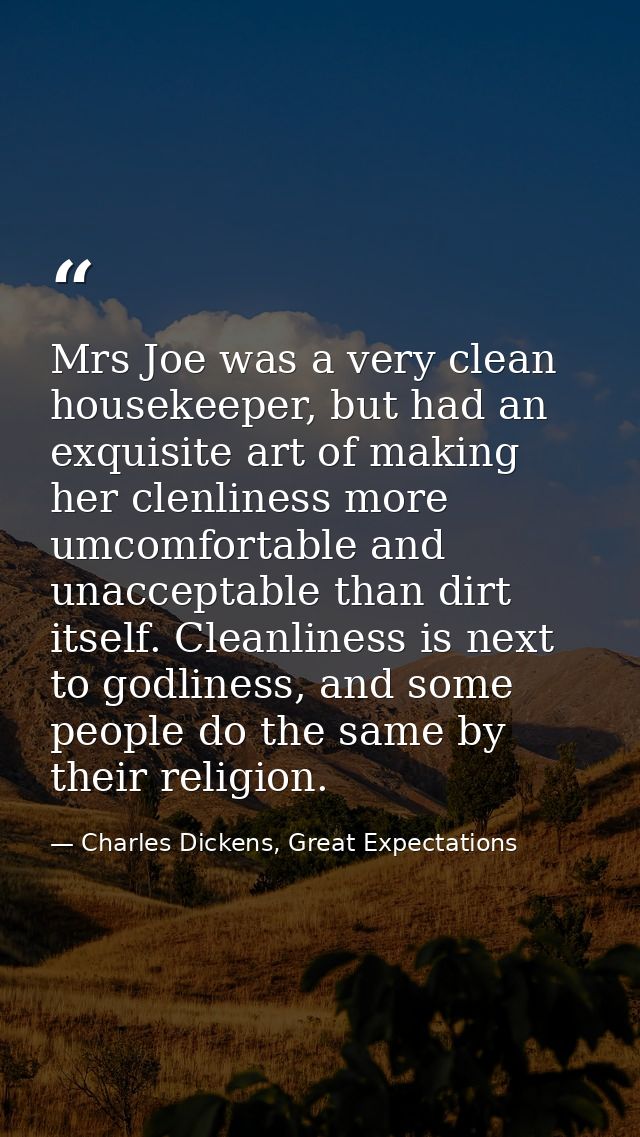Mrs Joe was a very clean housekeeper, but had an exquisite art of making her clenliness more umcomfortable and unaccepta — Charles Dickens, Great Expectations