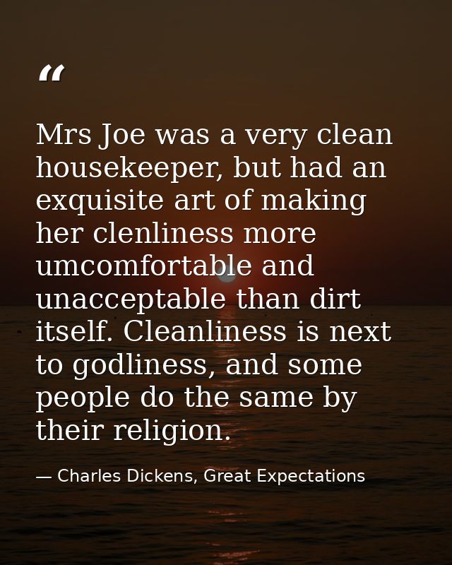 Mrs Joe was a very clean housekeeper, but had an exquisite art of making her clenliness more umcomfortable and unaccepta — Charles Dickens, Great Expectations