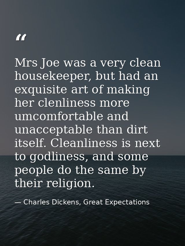 Mrs Joe was a very clean housekeeper, but had an exquisite art of making her clenliness more umcomfortable and unaccepta — Charles Dickens, Great Expectations
