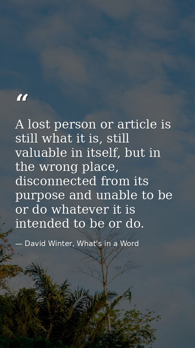 A lost person or article is still what it is, still valuable in itself, but in the wrong place, disconnected from its pu — David Winter, What's in a Word