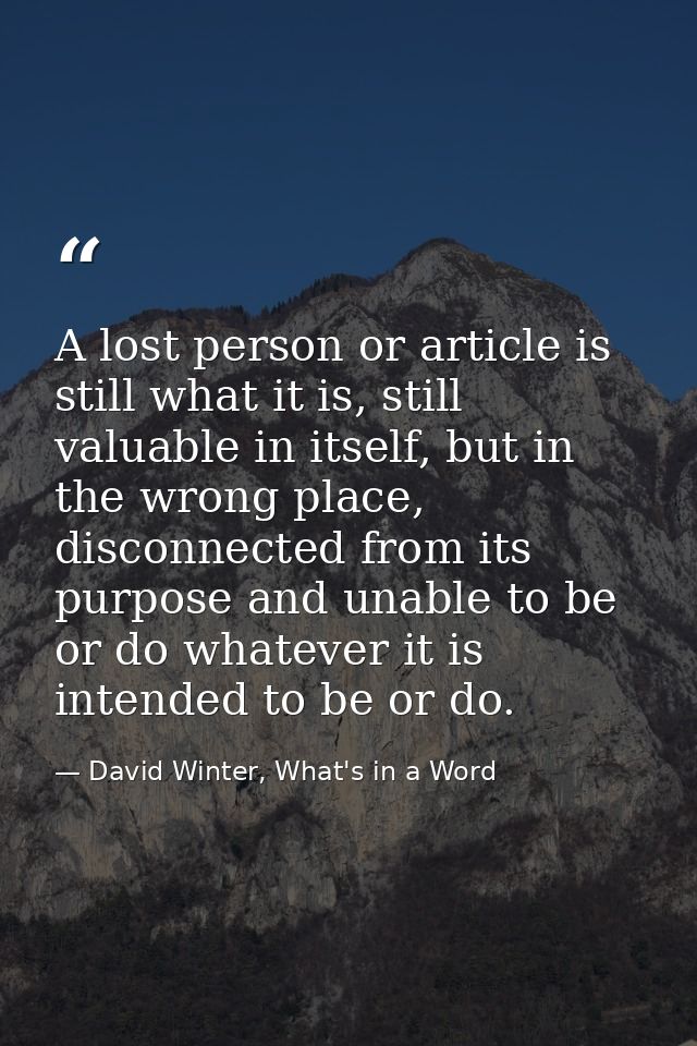 A lost person or article is still what it is, still valuable in itself, but in the wrong place, disconnected from its pu — David Winter, What's in a Word