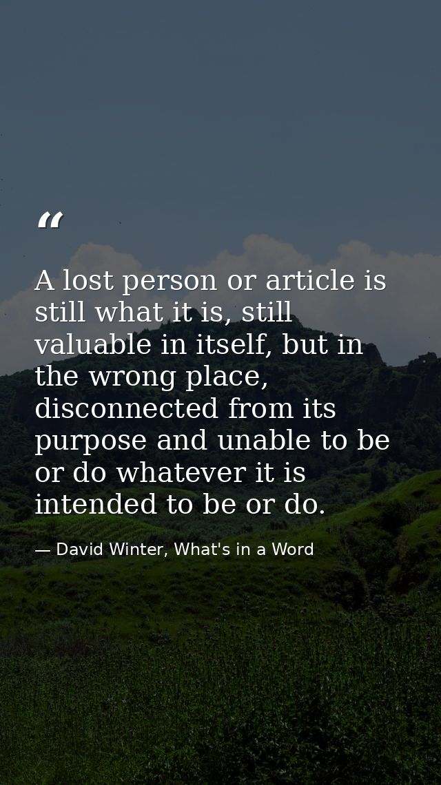 A lost person or article is still what it is, still valuable in itself, but in the wrong place, disconnected from its pu — David Winter, What's in a Word