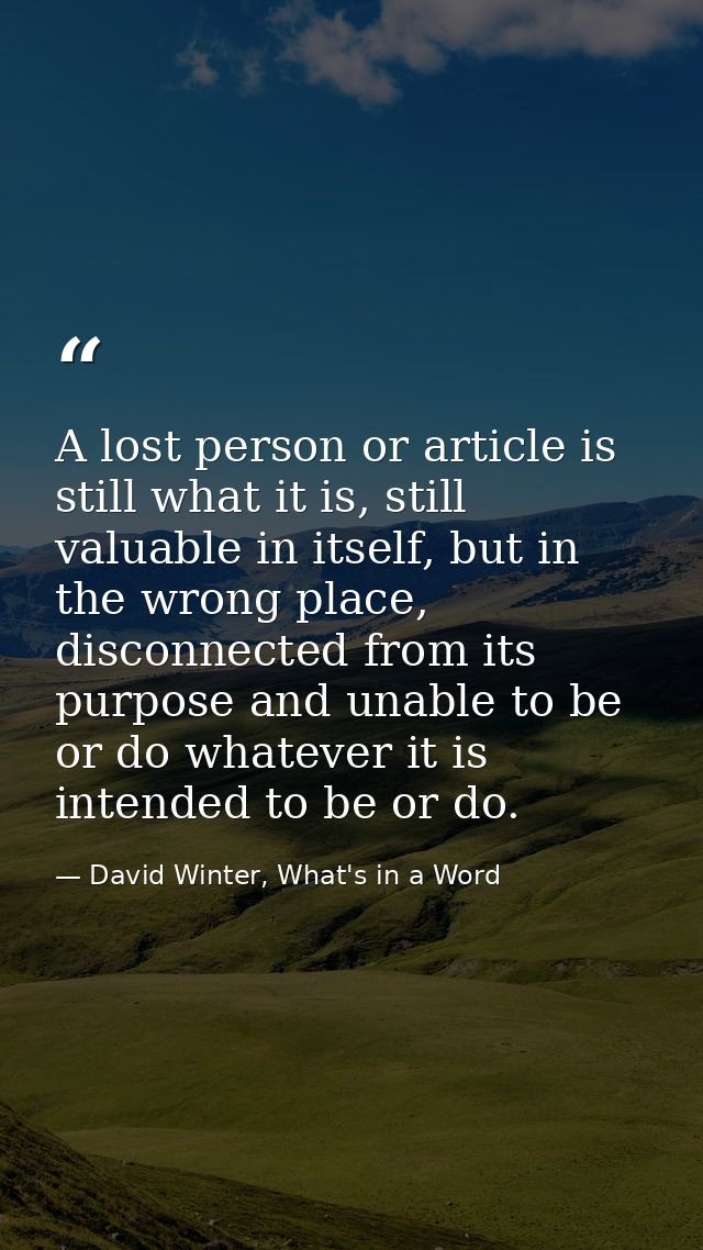 A lost person or article is still what it is, still valuable in itself, but in the wrong place, disconnected from its pu — David Winter, What's in a Word