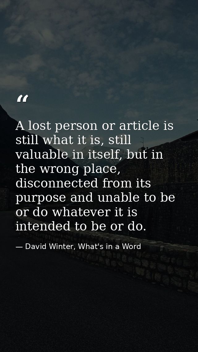A lost person or article is still what it is, still valuable in itself, but in the wrong place, disconnected from its pu — David Winter, What's in a Word