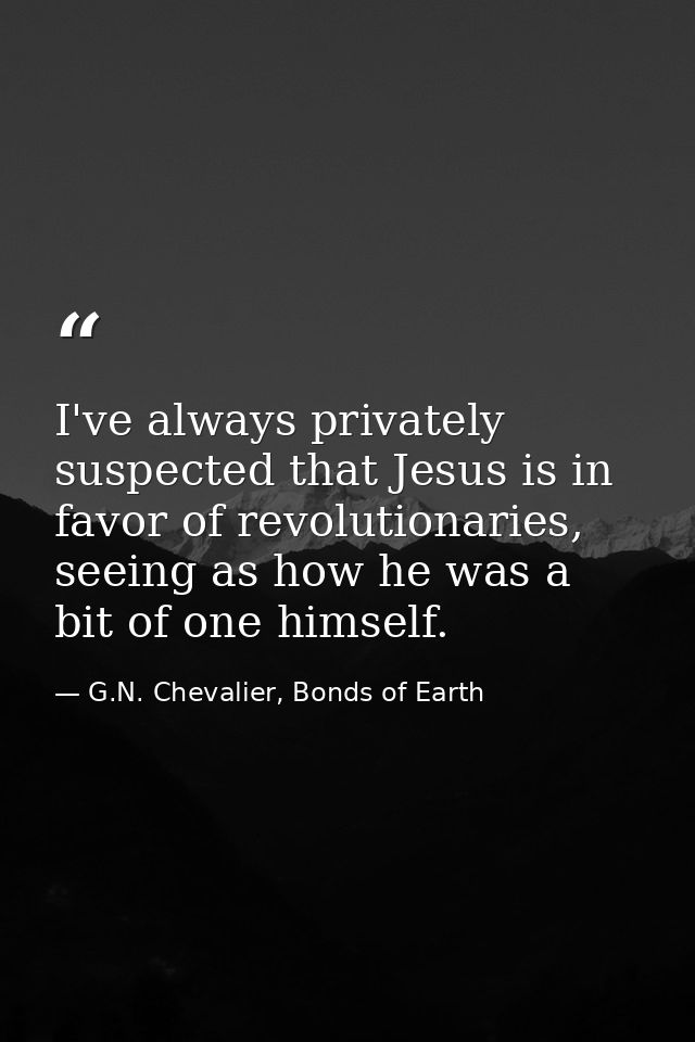 I've always privately suspected that Jesus is in favor of revolutionaries, seeing as how he was a bit of one himself. — G.N. Chevalier, Bonds of Earth