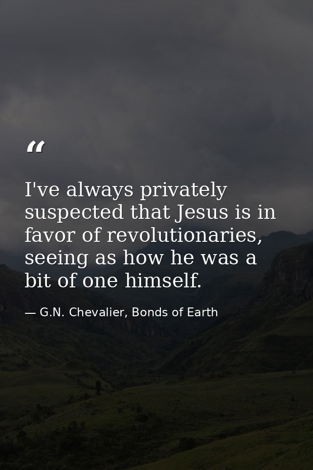 I've always privately suspected that Jesus is in favor of revolutionaries, seeing as how he was a bit of one himself. — G.N. Chevalier, Bonds of Earth