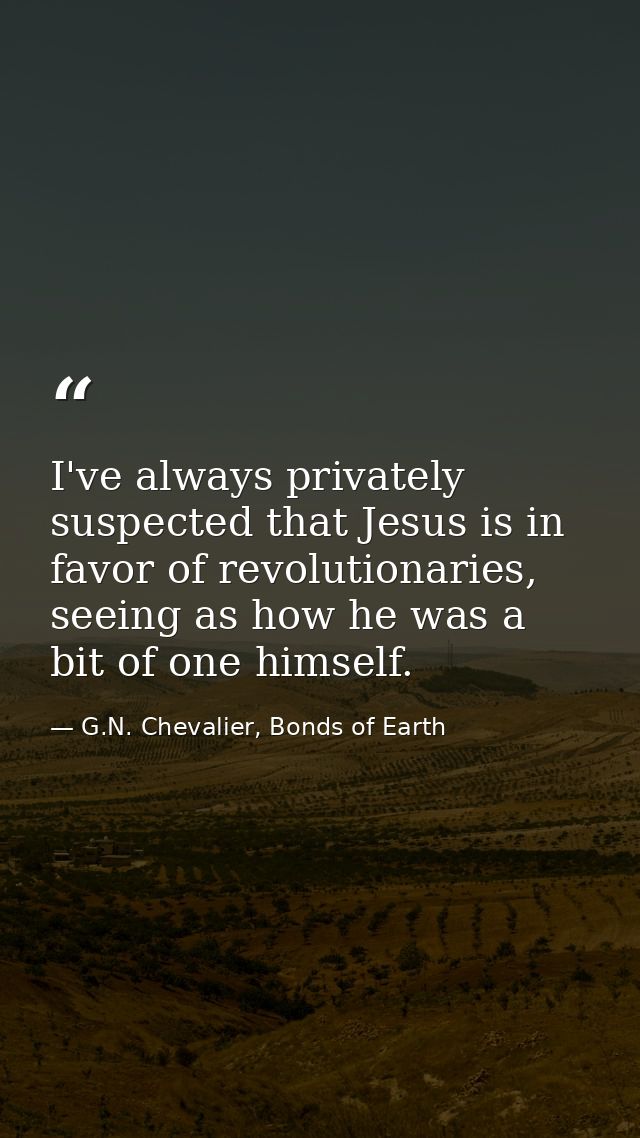 I've always privately suspected that Jesus is in favor of revolutionaries, seeing as how he was a bit of one himself. — G.N. Chevalier, Bonds of Earth