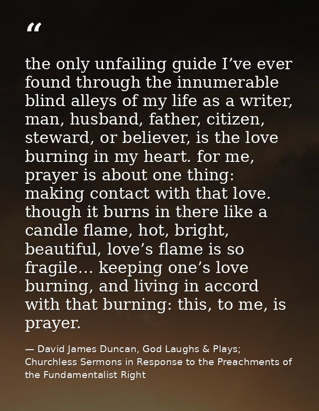 the only unfailing guide I’ve ever found through the innumerable blind alleys of my life as a writer, man, husband, fath — David James Duncan, God Laughs & Plays; Churchless Sermons in Response to the Preachments of the Fundamentalist Right