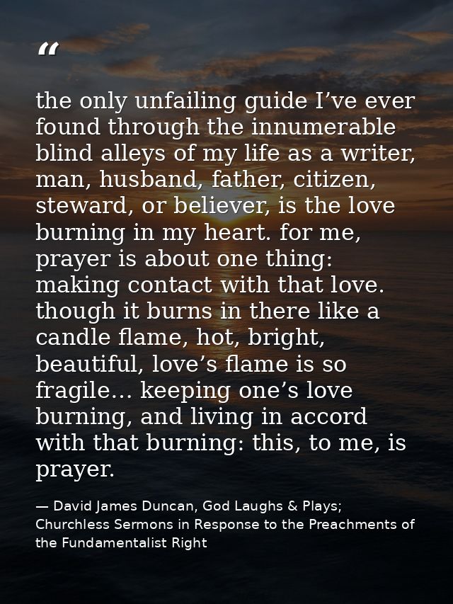 the only unfailing guide I’ve ever found through the innumerable blind alleys of my life as a writer, man, husband, fath — David James Duncan, God Laughs & Plays; Churchless Sermons in Response to the Preachments of the Fundamentalist Right