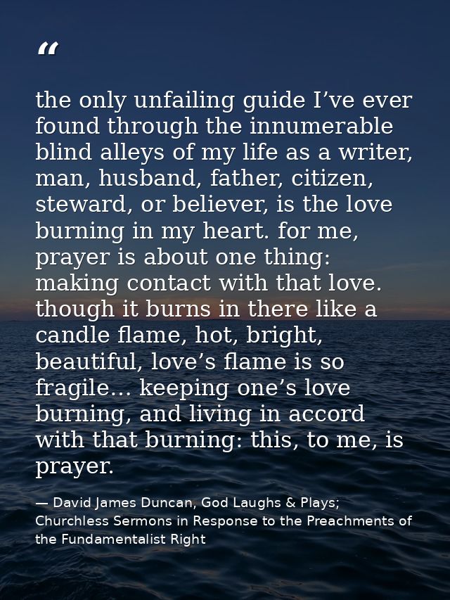 the only unfailing guide I’ve ever found through the innumerable blind alleys of my life as a writer, man, husband, fath — David James Duncan, God Laughs & Plays; Churchless Sermons in Response to the Preachments of the Fundamentalist Right