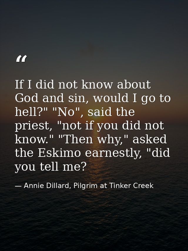 If I did not know about God and sin, would I go to hell?" "No", said the priest, "not if you did not know." "Then why,"  — Annie Dillard, Pilgrim at Tinker Creek