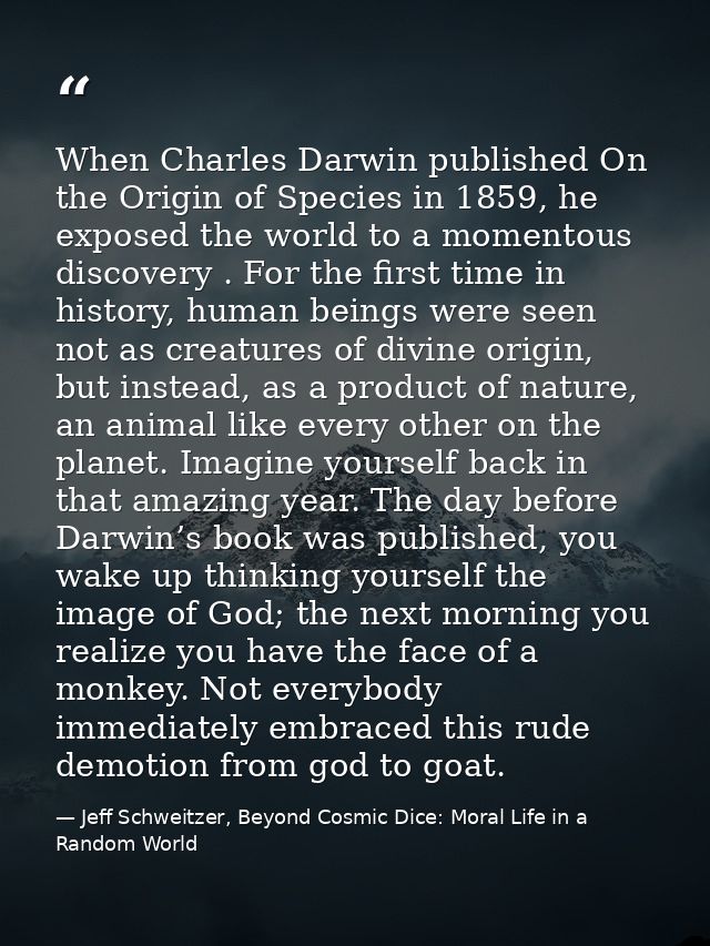 When Charles Darwin published On the Origin of Species in 1859, he exposed the world to a momentous discovery . For the  — Jeff Schweitzer, Beyond Cosmic Dice: Moral Life in a Random World