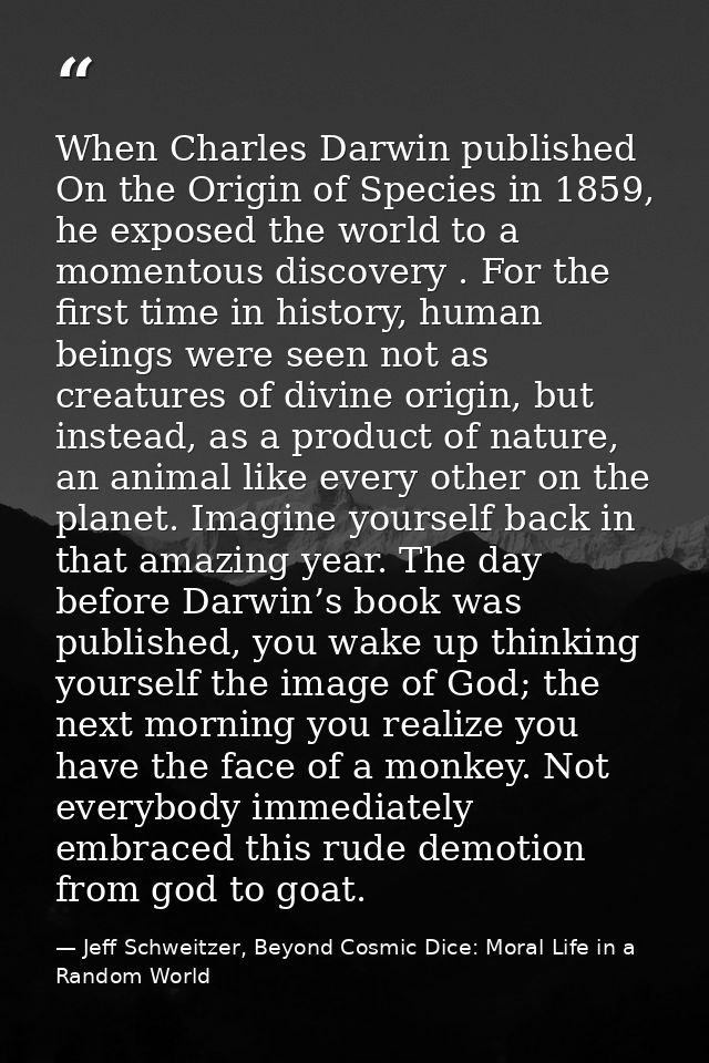 When Charles Darwin published On the Origin of Species in 1859, he exposed the world to a momentous discovery . For the  — Jeff Schweitzer, Beyond Cosmic Dice: Moral Life in a Random World