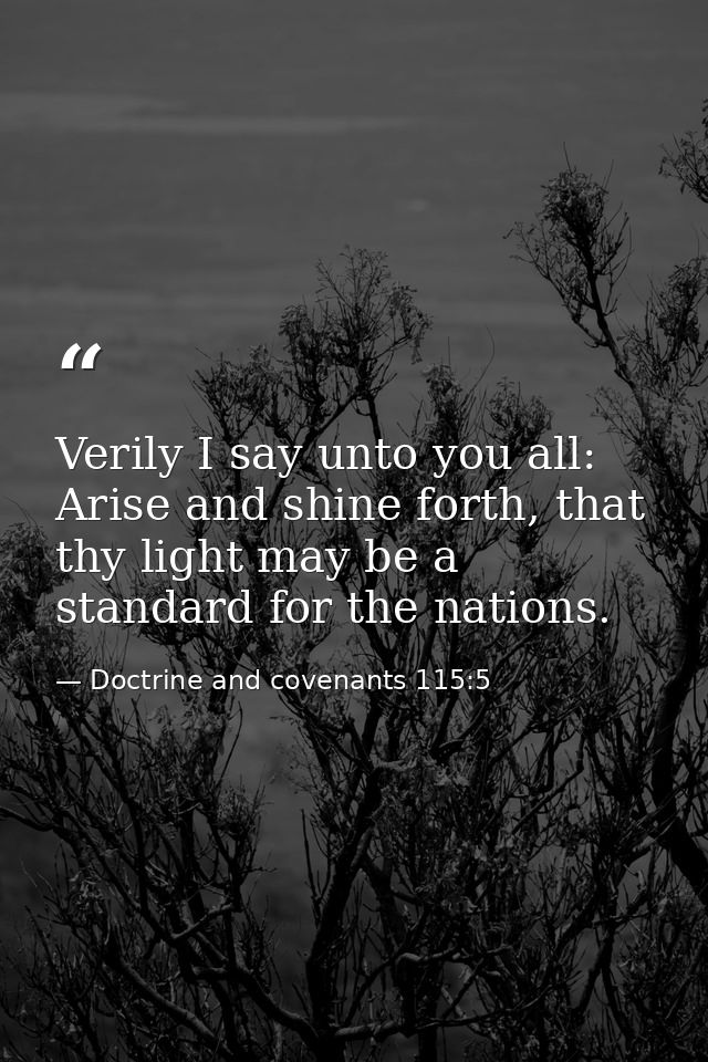 Verily I say unto you all: Arise and shine forth, that thy light may be a standard for the nations. — Doctrine and covenants 115:5