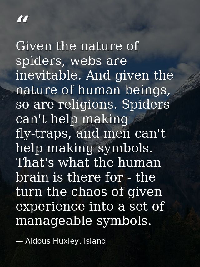 Given the nature of spiders, webs are inevitable. And given the nature of human beings, so are religions. Spiders can't  — Aldous Huxley, Island