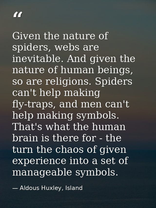Given the nature of spiders, webs are inevitable. And given the nature of human beings, so are religions. Spiders can't  — Aldous Huxley, Island