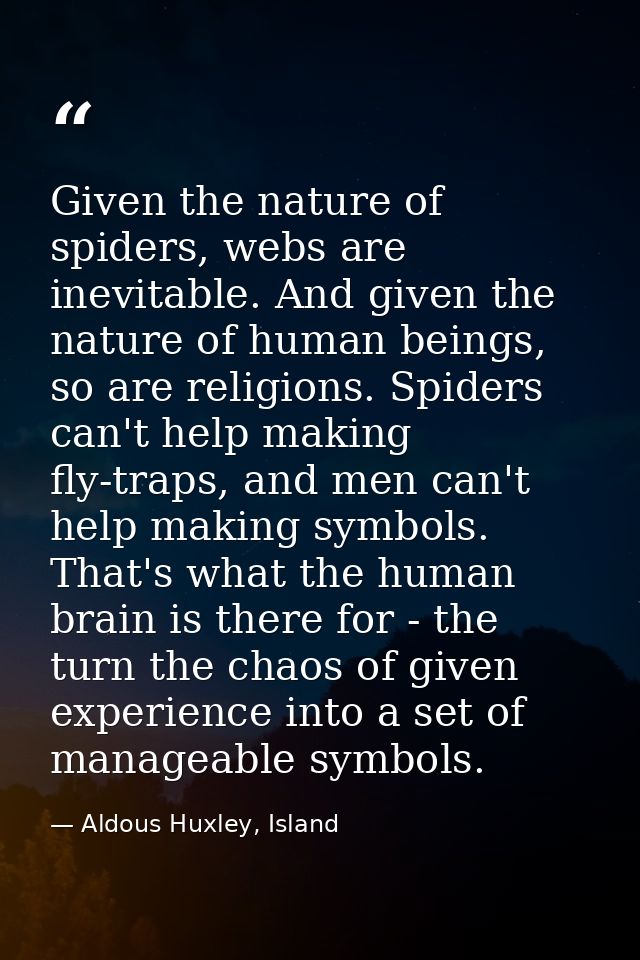 Given the nature of spiders, webs are inevitable. And given the nature of human beings, so are religions. Spiders can't  — Aldous Huxley, Island