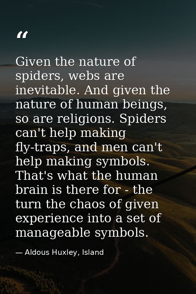 Given the nature of spiders, webs are inevitable. And given the nature of human beings, so are religions. Spiders can't  — Aldous Huxley, Island