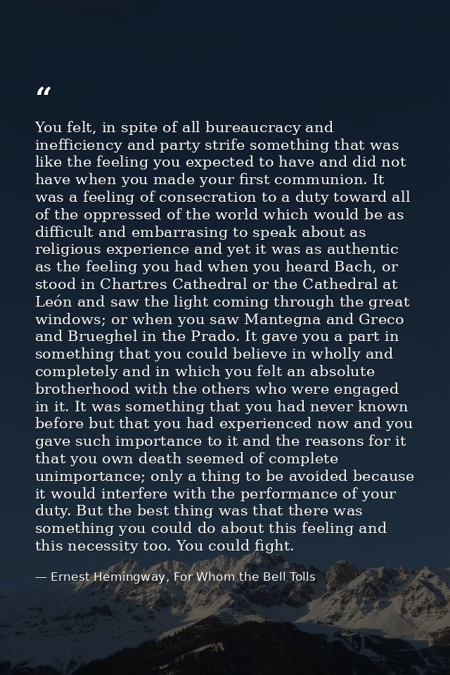 You felt, in spite of all bureaucracy and inefficiency and party strife something that was like the feeling you expected — Ernest Hemingway, For Whom the Bell Tolls