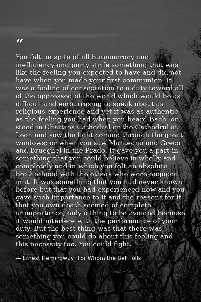 You felt, in spite of all bureaucracy and inefficiency and party strife something that was like the feeling you expected — Ernest Hemingway, For Whom the Bell Tolls