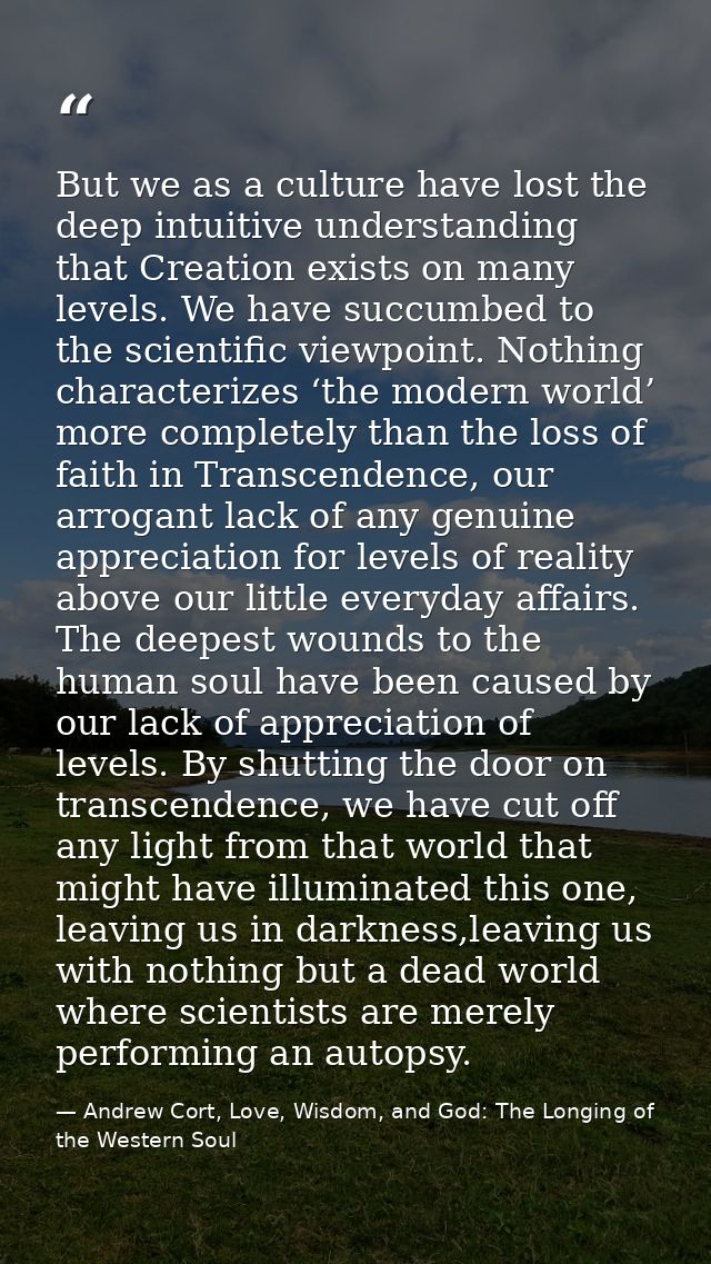 But we as a culture have lost the deep intuitive understanding that Creation exists on many levels. We have succumbed to — Andrew Cort, Love, Wisdom, and God: The Longing of the Western Soul
