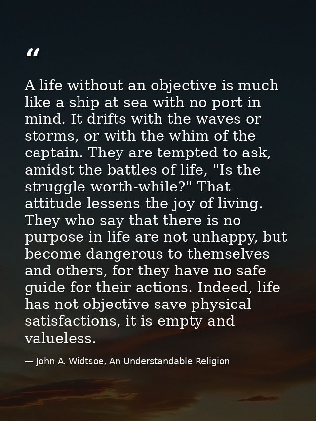 A life without an objective is much like a ship at sea with no port in mind. It drifts with the waves or storms, or with — John A. Widtsoe, An Understandable Religion