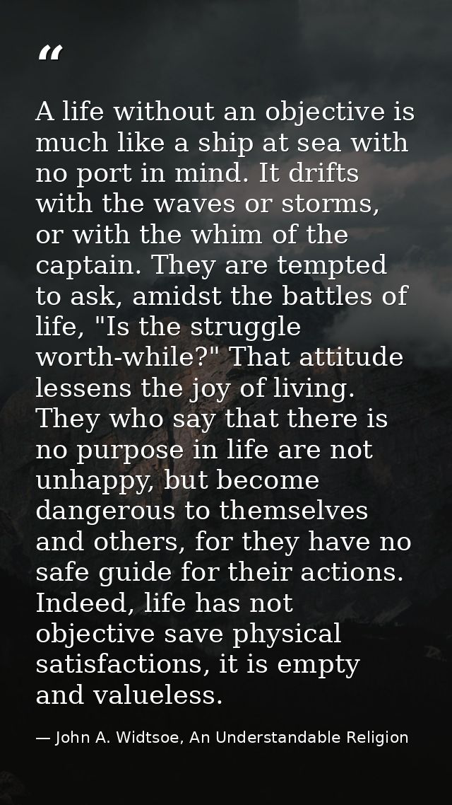 A life without an objective is much like a ship at sea with no port in mind. It drifts with the waves or storms, or with — John A. Widtsoe, An Understandable Religion