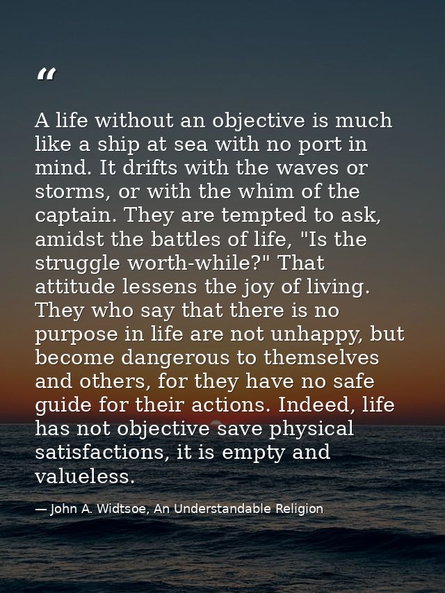 A life without an objective is much like a ship at sea with no port in mind. It drifts with the waves or storms, or with — John A. Widtsoe, An Understandable Religion