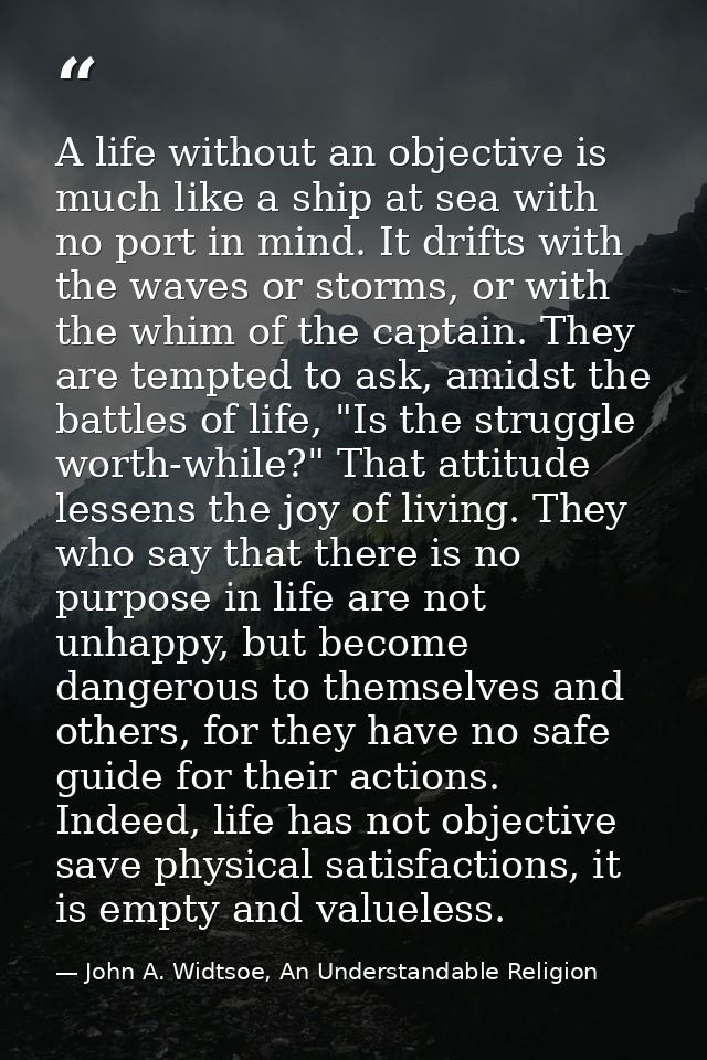 A life without an objective is much like a ship at sea with no port in mind. It drifts with the waves or storms, or with — John A. Widtsoe, An Understandable Religion