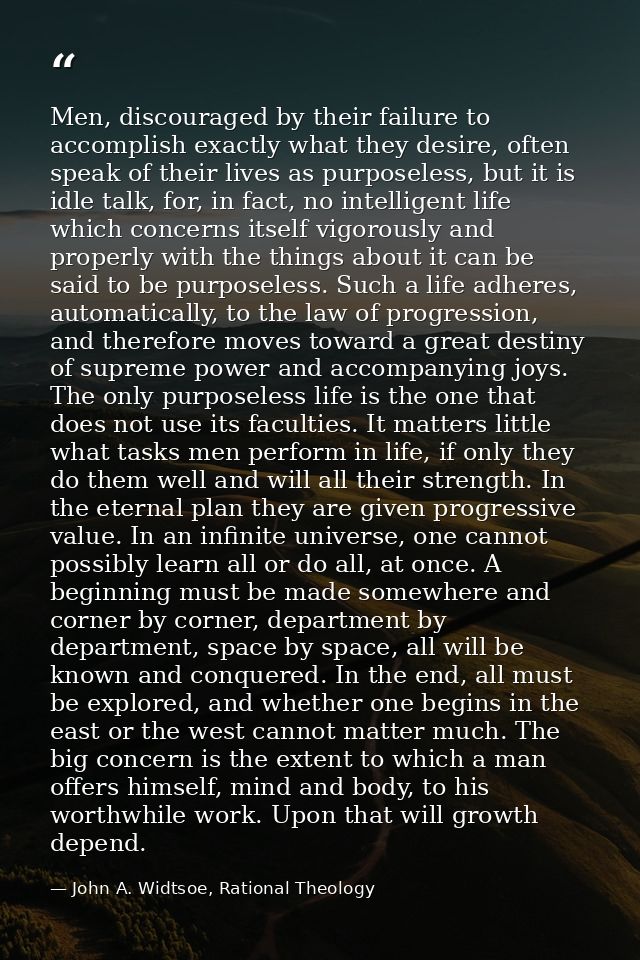 Men, discouraged by their failure to accomplish exactly what they desire, often speak of their lives as purposeless, but — John A. Widtsoe, Rational Theology