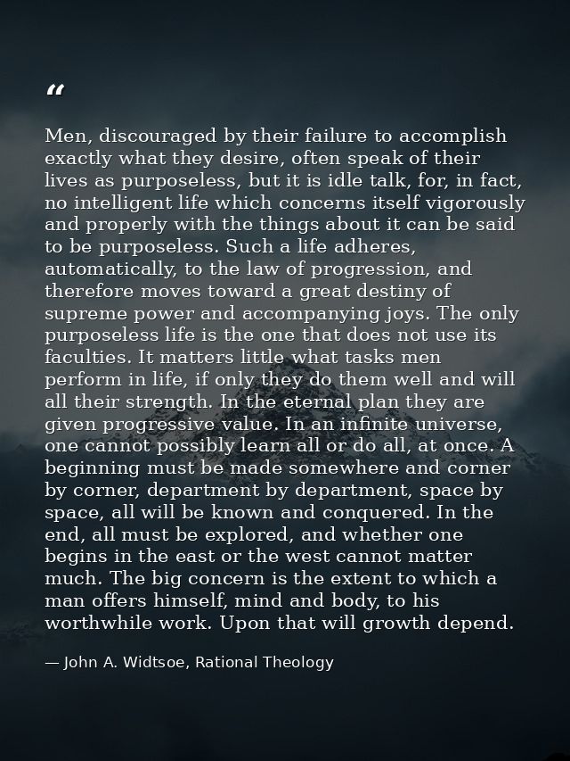 Men, discouraged by their failure to accomplish exactly what they desire, often speak of their lives as purposeless, but — John A. Widtsoe, Rational Theology