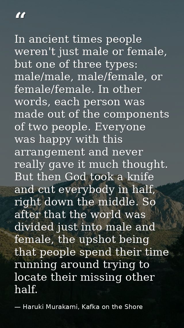 In ancient times people weren't just male or female, but one of three types: male/male, male/female, or female/female. I — Haruki Murakami, Kafka on the Shore