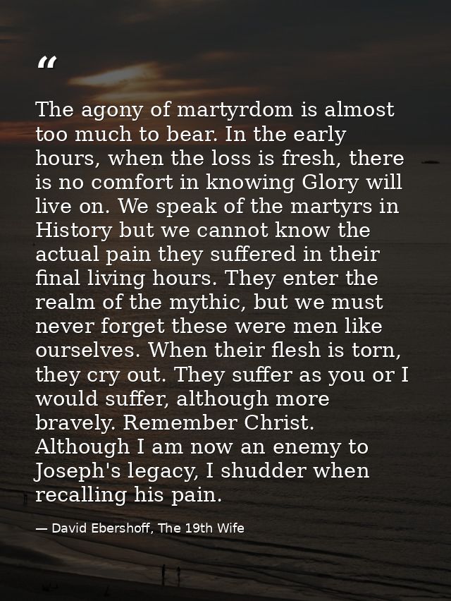 The agony of martyrdom is almost too much to bear. In the early hours, when the loss is fresh, there is no comfort in kn — David Ebershoff, The 19th Wife