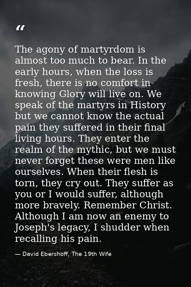 The agony of martyrdom is almost too much to bear. In the early hours, when the loss is fresh, there is no comfort in kn — David Ebershoff, The 19th Wife