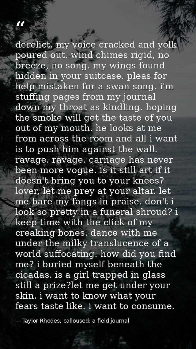 derelict. my voice cracked and yolk poured out. wind chimes rigid, no breeze, no song. my wings found hidden in your sui — Taylor Rhodes, calloused: a field journal