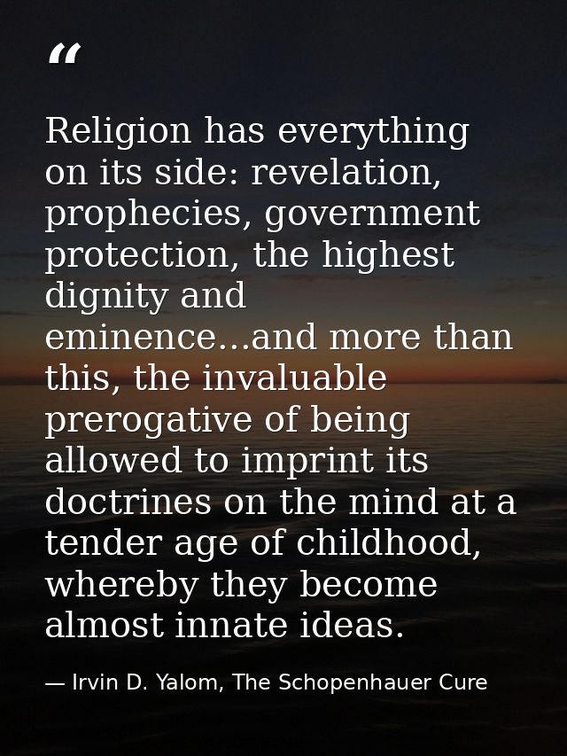 Religion has everything on its side: revelation, prophecies, government protection, the highest dignity and eminence...a — Irvin D. Yalom, The Schopenhauer Cure