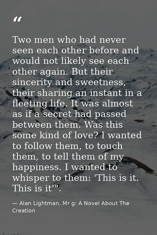 Two men who had never seen each other before and would not likely see each other again. But their sincerity and sweetnes — Alan Lightman, Mr g: A Novel About The Creation