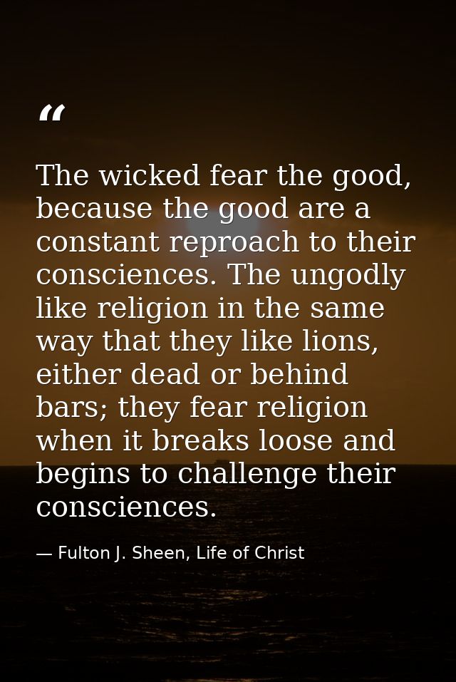 The wicked fear the good, because the good are a constant reproach to their consciences. The ungodly like religion in th — Fulton J. Sheen, Life of Christ