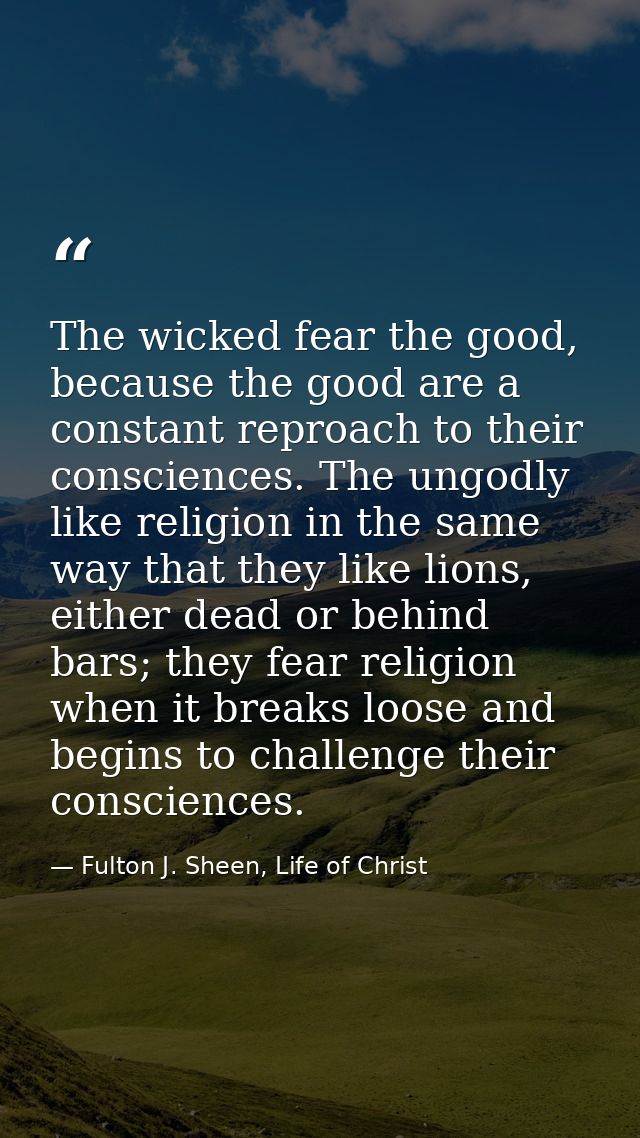 The wicked fear the good, because the good are a constant reproach to their consciences. The ungodly like religion in th — Fulton J. Sheen, Life of Christ