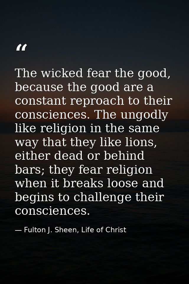 The wicked fear the good, because the good are a constant reproach to their consciences. The ungodly like religion in th — Fulton J. Sheen, Life of Christ