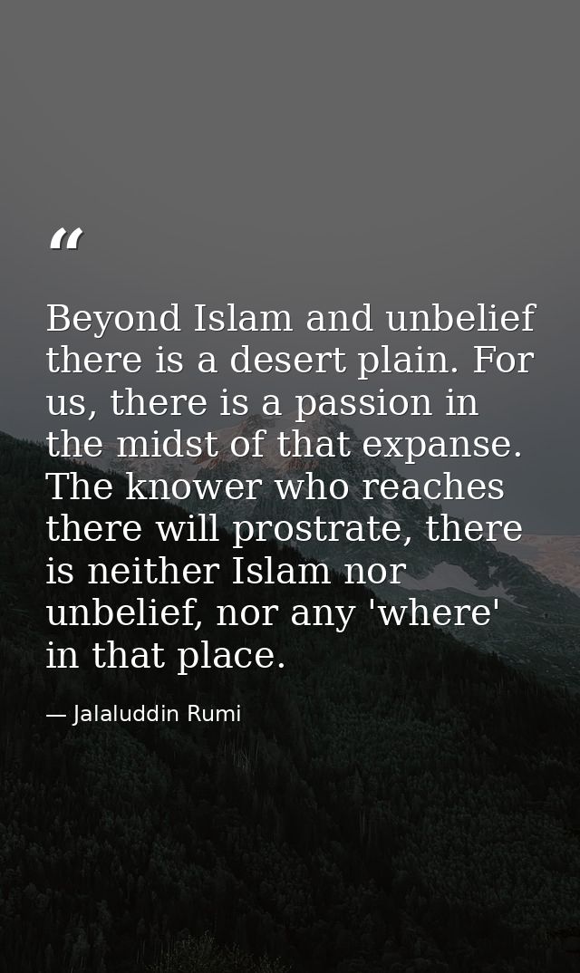 Beyond Islam and unbelief there is a desert plain. For us, there is a passion in the midst of that expanse. The knower w — Jalaluddin Rumi