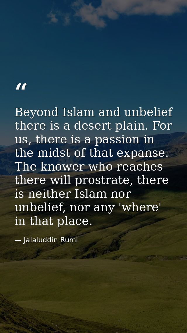 Beyond Islam and unbelief there is a desert plain. For us, there is a passion in the midst of that expanse. The knower w — Jalaluddin Rumi