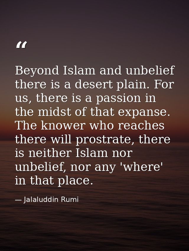 Beyond Islam and unbelief there is a desert plain. For us, there is a passion in the midst of that expanse. The knower w — Jalaluddin Rumi