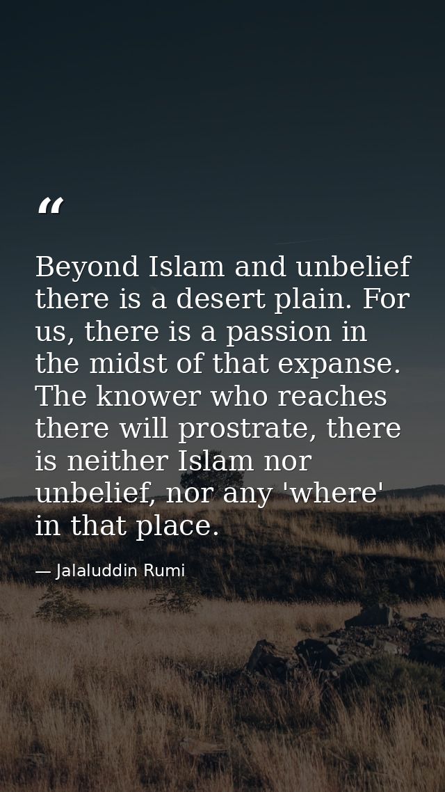 Beyond Islam and unbelief there is a desert plain. For us, there is a passion in the midst of that expanse. The knower w — Jalaluddin Rumi