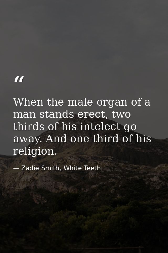 When the male organ of a man stands erect, two thirds of his intelect go away. And one third of his religion. — Zadie Smith, White Teeth