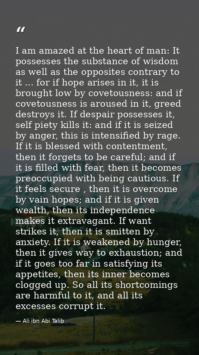 I am amazed at the heart of man: It possesses the substance of wisdom as well as the opposites contrary to it ... for if — Ali ibn Abi Talib