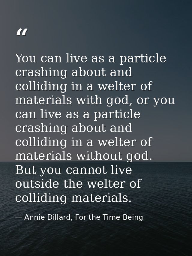 You can live as a particle crashing about and colliding in a welter of materials with god, or you can live as a particle — Annie Dillard, For the Time Being