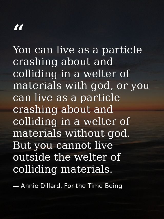 You can live as a particle crashing about and colliding in a welter of materials with god, or you can live as a particle — Annie Dillard, For the Time Being