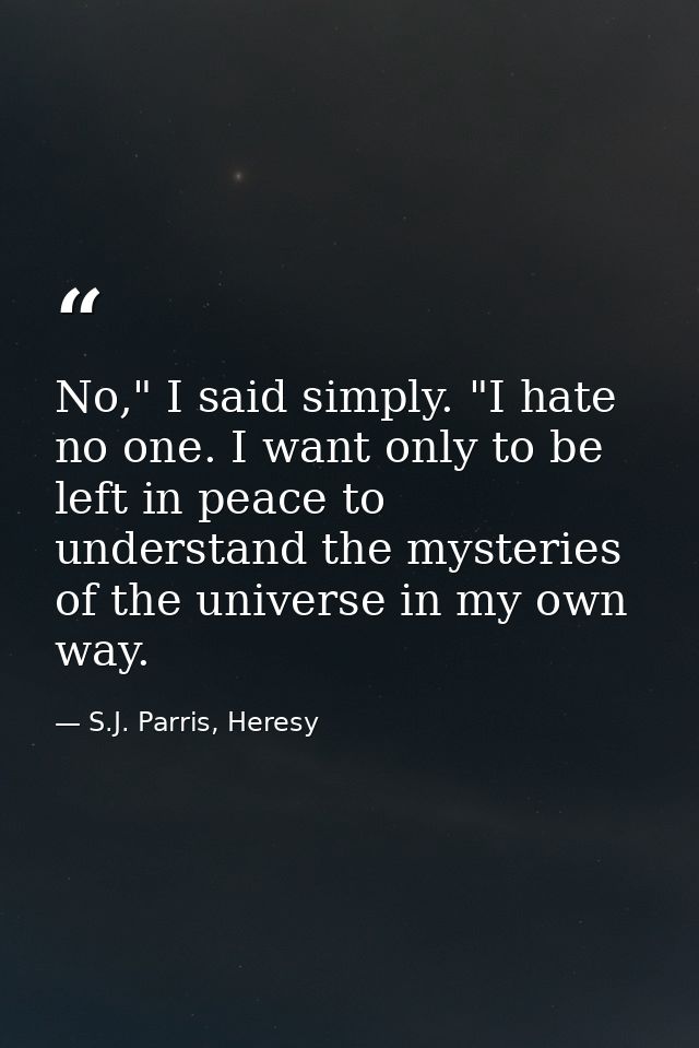 No," I said simply. "I hate no one. I want only to be left in peace to understand the mysteries of the universe in my ow — S.J. Parris, Heresy