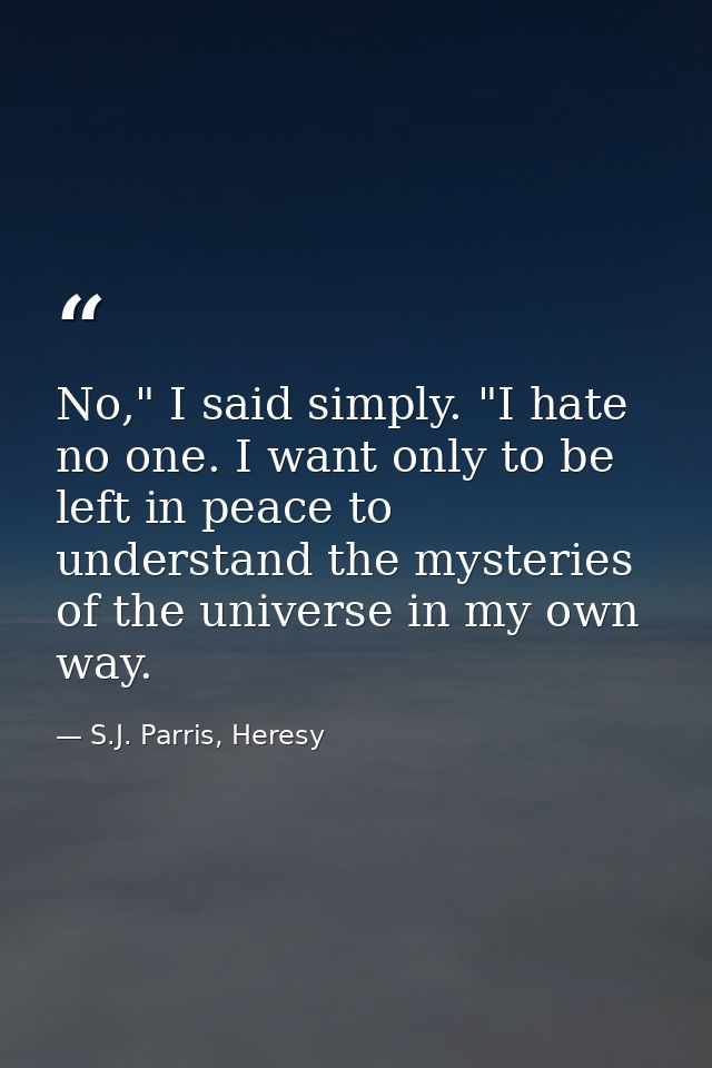 No," I said simply. "I hate no one. I want only to be left in peace to understand the mysteries of the universe in my ow — S.J. Parris, Heresy